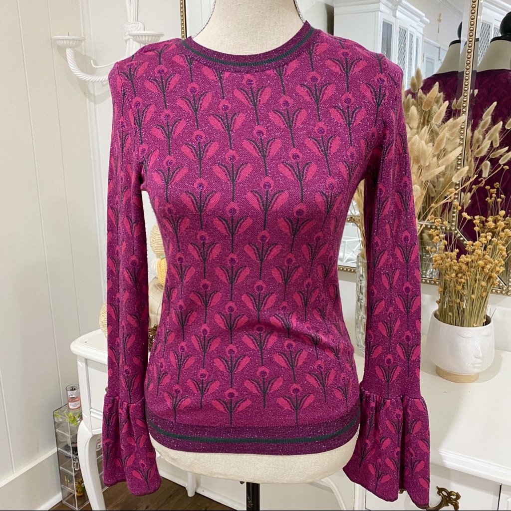 Hallhuber Metallic Shiny Sweater Top Bell Sleeves Floral Print Sz S Jewel Tones